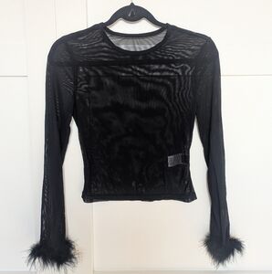 Shein Elegant Black Sheer Top with Feather Cuffs Size Petite Small